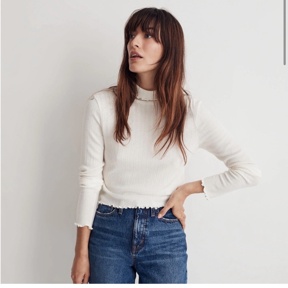Madewell Cream Ribbed Mock Neck Long Sleeve Top